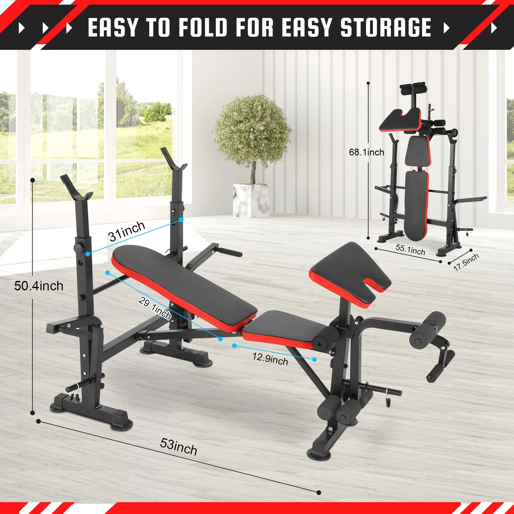 4-in-1 Foldable Workout Bench Set w/ Barbell Rack & Leg Developer Preacher Curl Rack