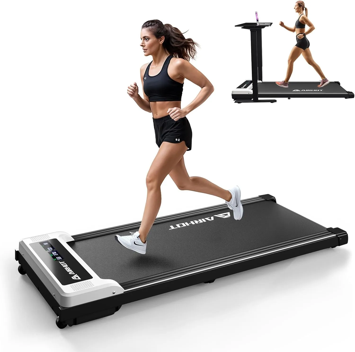 AIRHOT Under Desk Treadmill, Walking Pad 2 in 1 for Walking and Jogging, Portable Walking Treadmill with Remote Control Lanyard for Home/Office, 2.5HP Low-Noise Desk Treadmill in LED Display