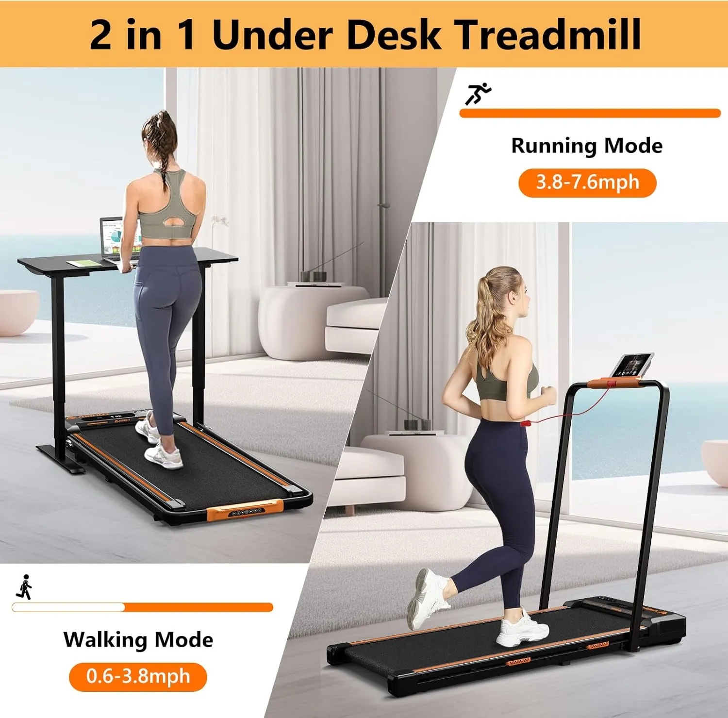 AIRHOT Under Desk Treadmill, Walking Pad 2 in 1 for Walking and Jogging, Portable Walking Treadmill with Remote Control Lanyard for Home/Office, 2.5HP Low-Noise Desk Treadmill in LED Display