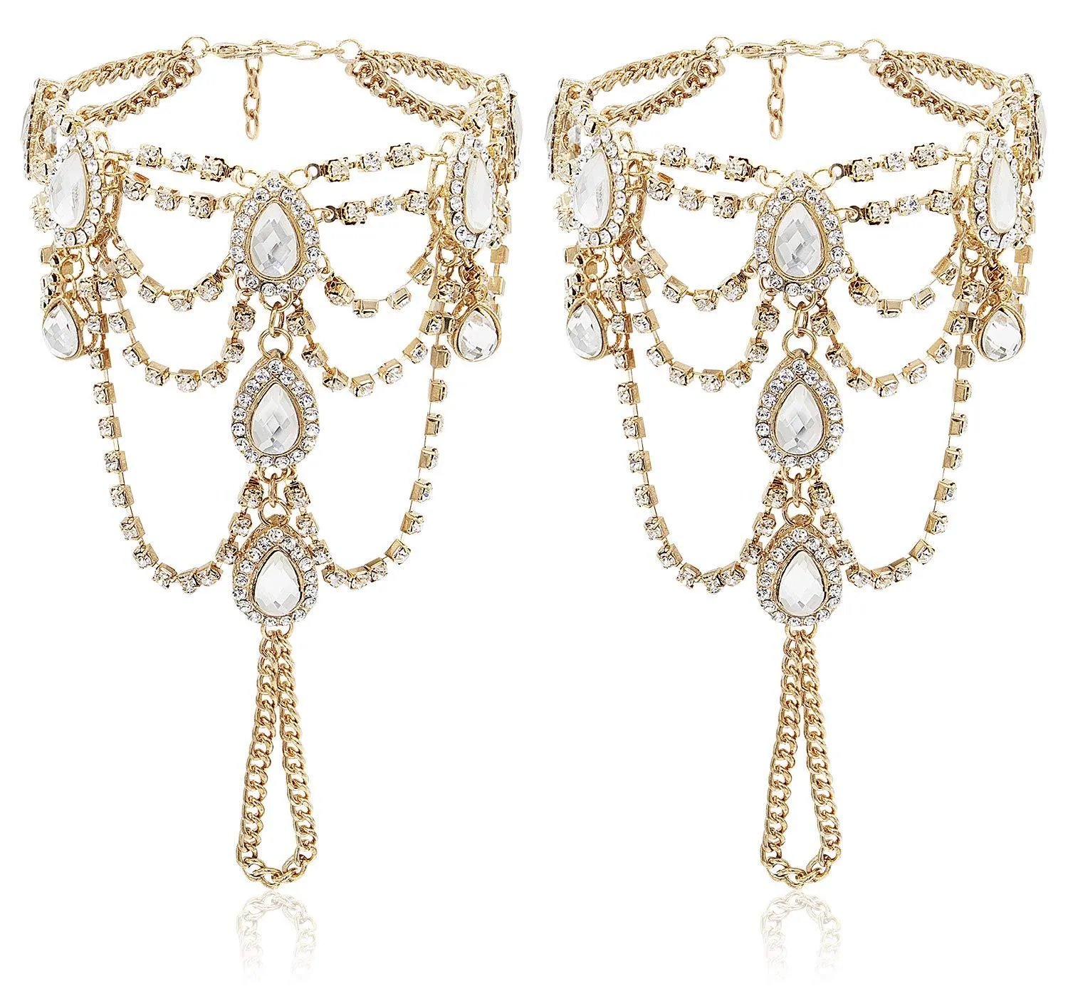 Bienvenu 2Pcs Barefoot Sandals Sparkling Crystal Clear Rhinestone Elegant Design Golden