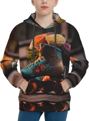 Classic Floral Blue Skate Shoes Hoodies for Teen - Cute Youth Pullover Hoodies & Sweatshirts with Pocket Black