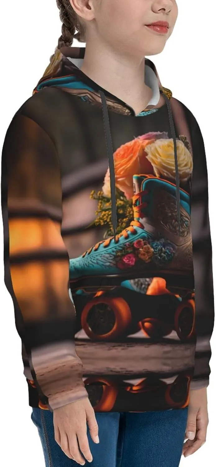 Classic Floral Blue Skate Shoes Hoodies for Teen - Cute Youth Pullover Hoodies & Sweatshirts with Pocket Black