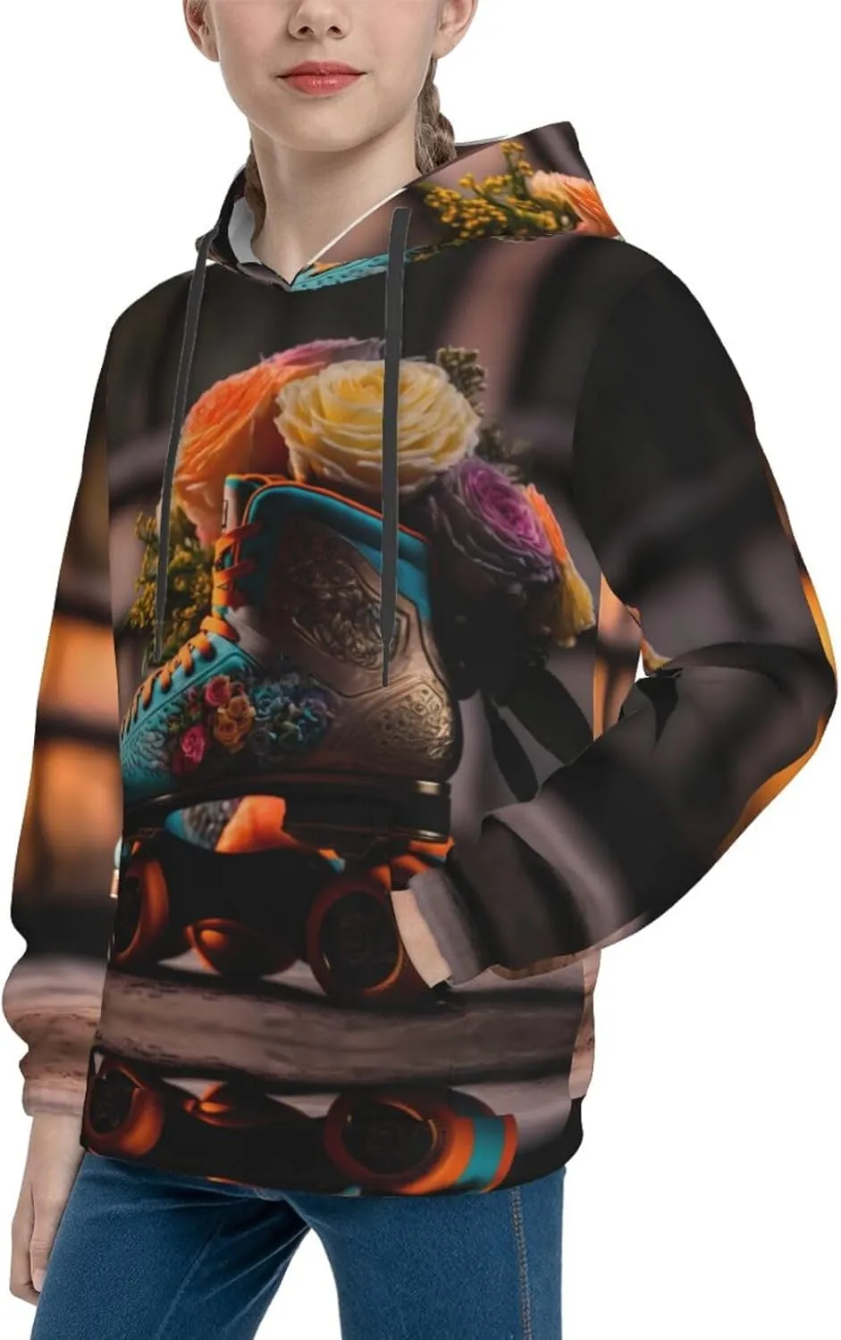 Classic Floral Blue Skate Shoes Hoodies for Teen - Cute Youth Pullover Hoodies & Sweatshirts with Pocket Black