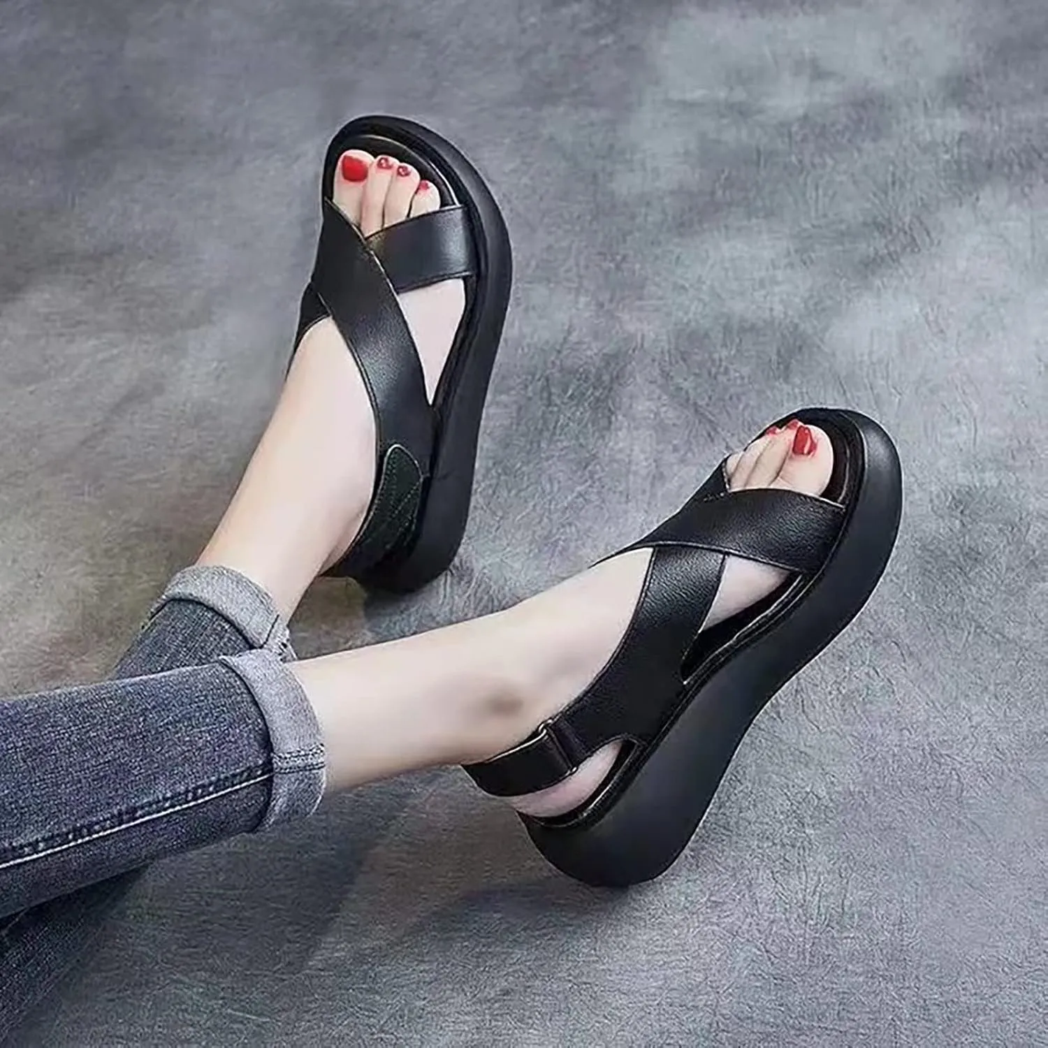 CsgrFagr Thick Sole Sandals for Women's New Summer Open Toe Single Shoe Fish Mouth Women's Shoes Soft Leather Raised Sandals Indoor Sandals for Women Arch Support (Black, 6.5)