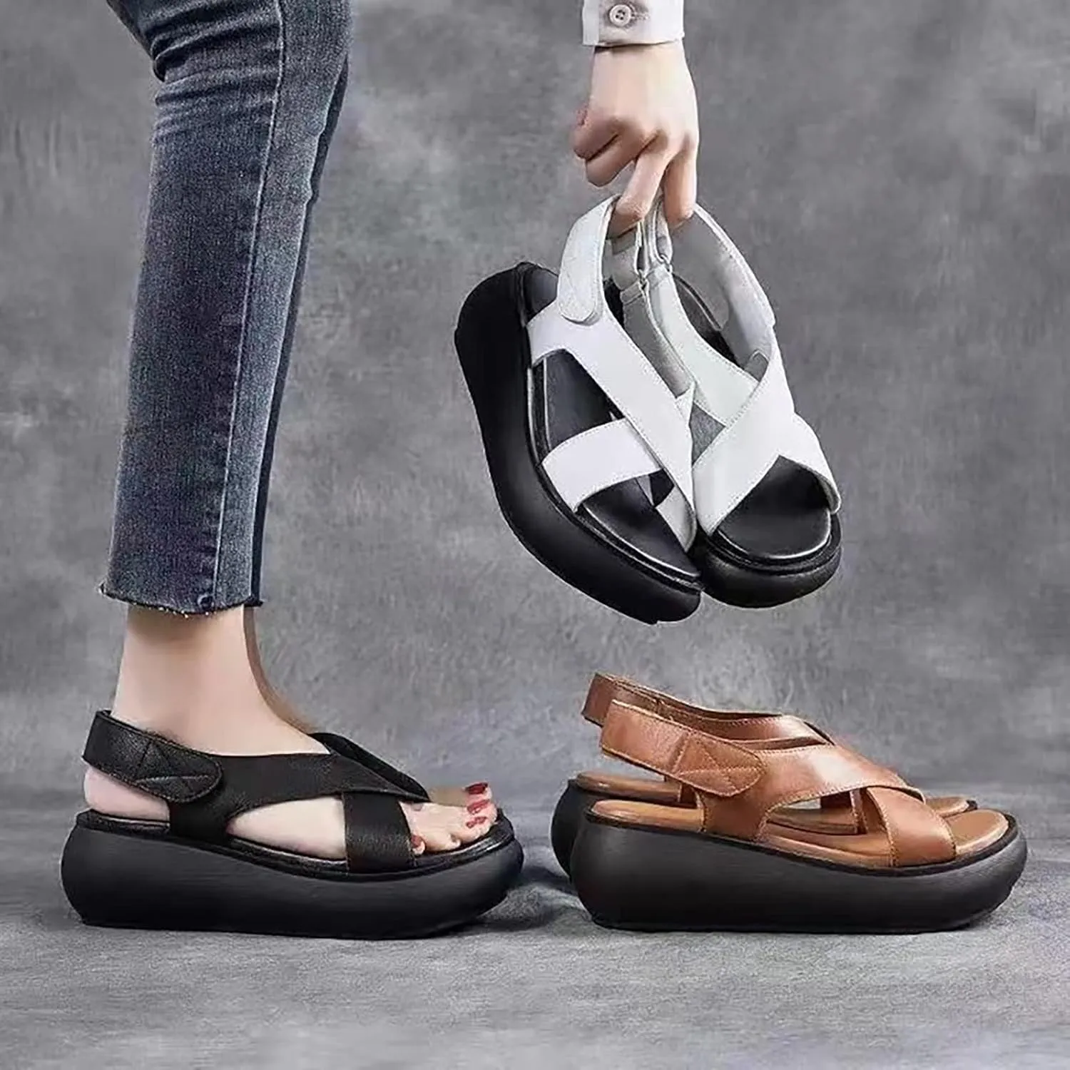 CsgrFagr Thick Sole Sandals for Women's New Summer Open Toe Single Shoe Fish Mouth Women's Shoes Soft Leather Raised Sandals Indoor Sandals for Women Arch Support (Black, 6.5)