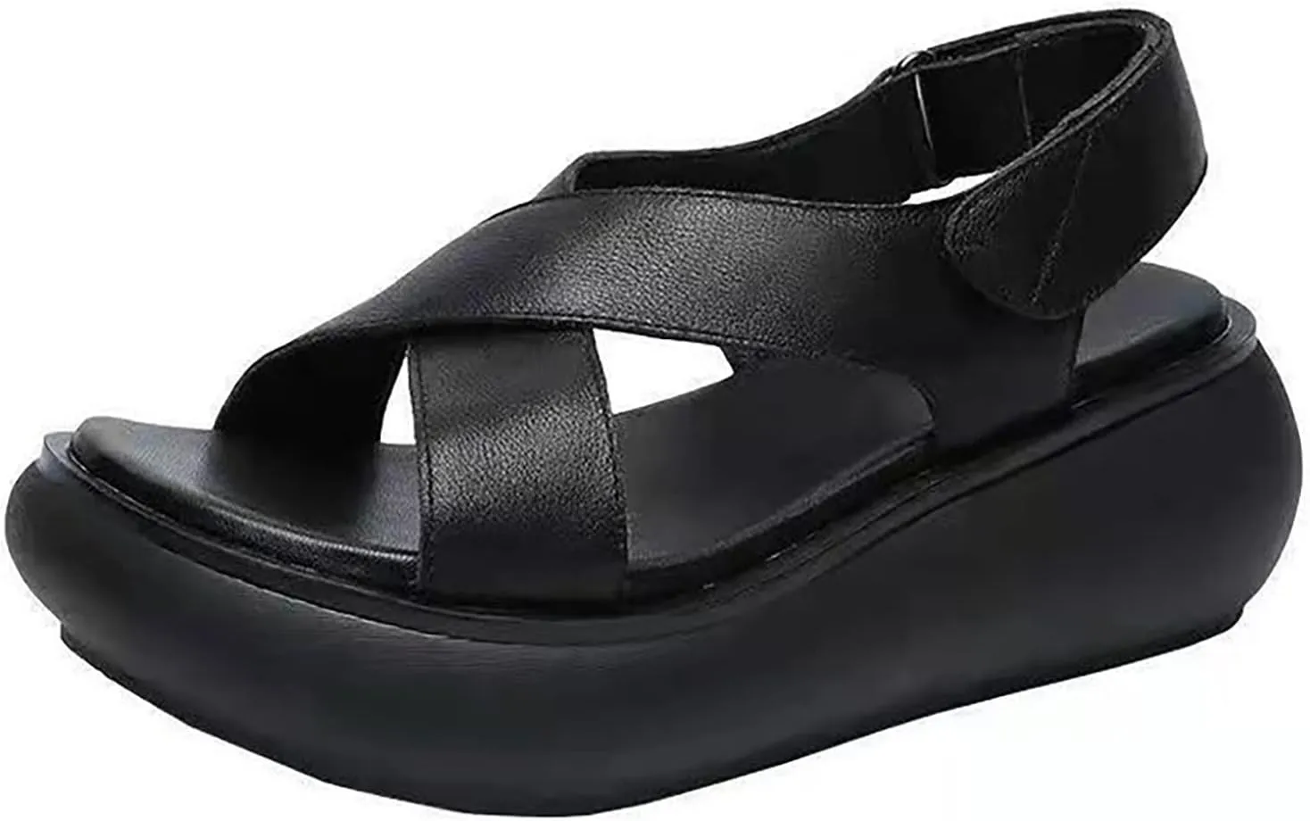 CsgrFagr Thick Sole Sandals for Women's New Summer Open Toe Single Shoe Fish Mouth Women's Shoes Soft Leather Raised Sandals Indoor Sandals for Women Arch Support (Black, 6.5)