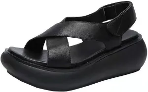 CsgrFagr Thick Sole Sandals for Women's New Summer Open Toe Single Shoe Fish Mouth Women's Shoes Soft Leather Raised Sandals Indoor Sandals for Women Arch Support (Black, 6.5)
