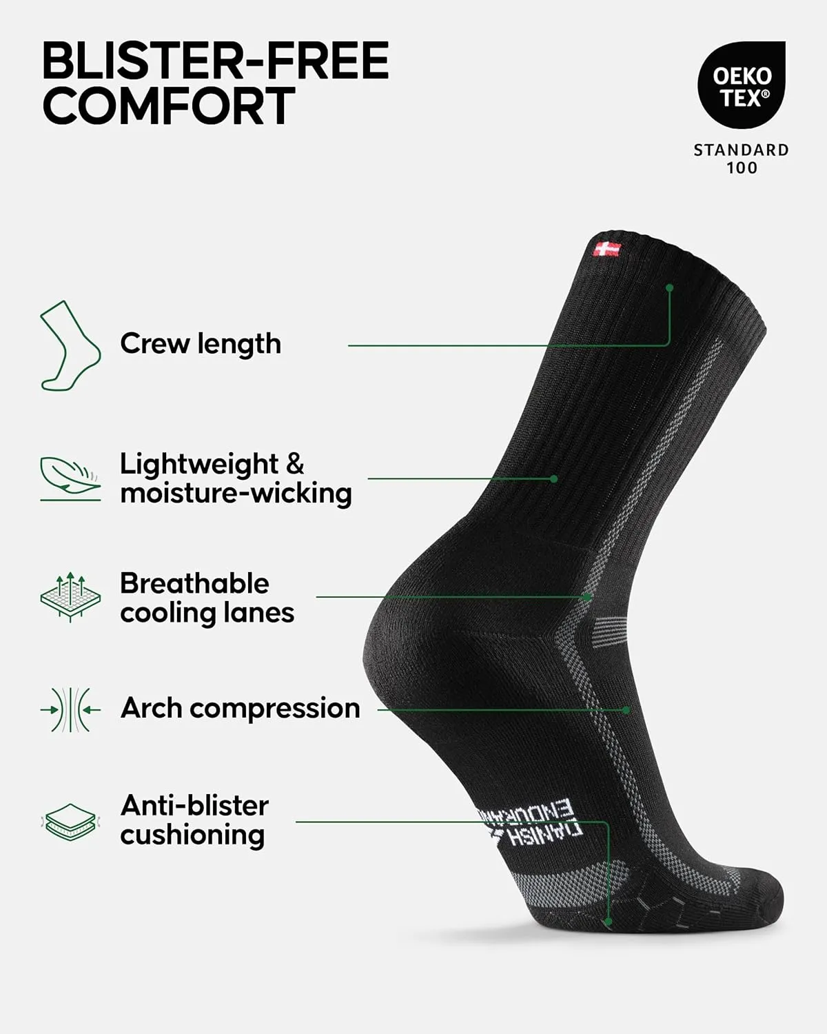 DANISH ENDURANCE Cushioned Running Socks for Long Distances, Crew Length, Anti-Blister for Men & Women, 3 and 5 Pack