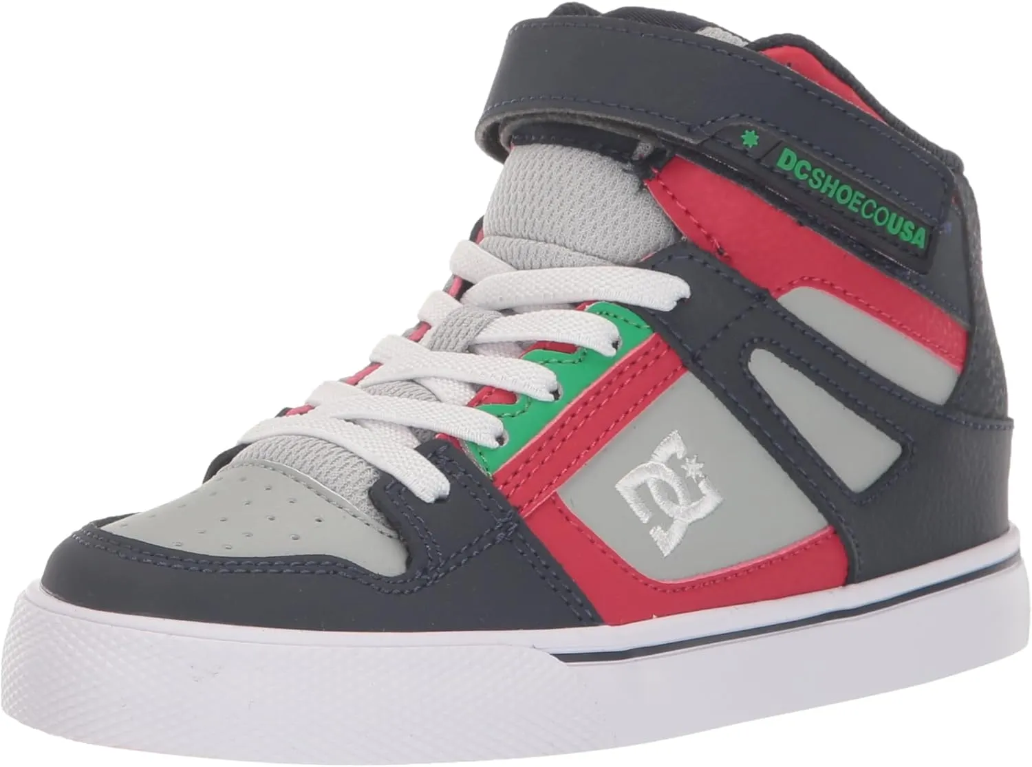 DC Boy's Pure High Top EV Skate Shoes with Ankle Strap and Elastic Laces, Heather Grey/Navy, 11 Little Kid