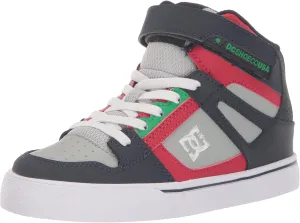 DC Boy's Pure High Top EV Skate Shoes with Ankle Strap and Elastic Laces, Heather Grey/Navy, 11 Little Kid