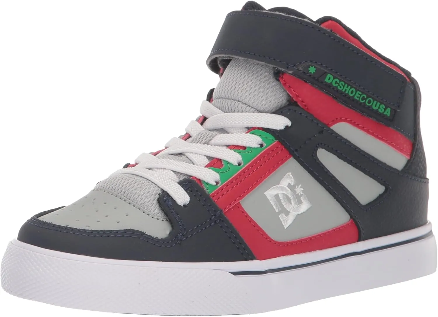 DC Boy's Pure High Top EV Skate Shoes with Ankle Strap and Elastic Laces, Heather Grey/Navy, 2 Little Kid