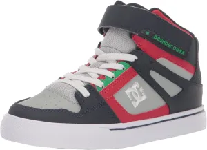 DC Boy's Pure High Top EV Skate Shoes with Ankle Strap and Elastic Laces, Heather Grey/Navy, 2 Little Kid