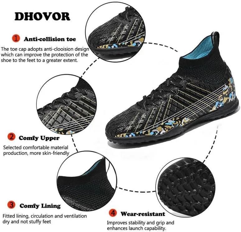 DHOVOR Boys Girls Soccer Cleats Youth High-Top Football Cleats Light-Weight Turf Indoor Soccer Shoes for Kids Outdoor/Indoor/Competition/Unisex