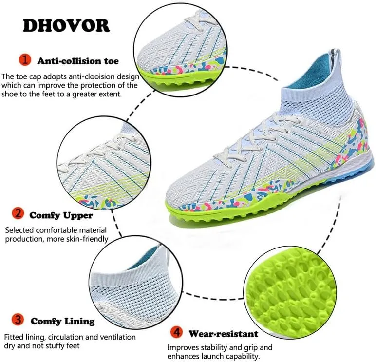 DHOVOR Boys Girls Soccer Cleats Youth High-Top Football Cleats Light-Weight Turf Indoor Soccer Shoes for Kids Outdoor/Indoor/Competition/Unisex