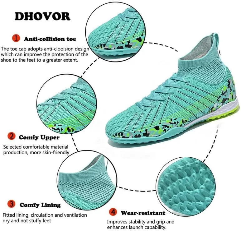 DHOVOR Boys Girls Soccer Cleats Youth High-Top Football Cleats Light-Weight Turf Indoor Soccer Shoes for Kids Outdoor/Indoor/Competition/Unisex