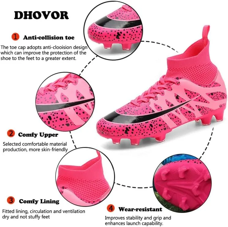 DHOVOR Womens Soccer Cleats Youth Football Cleats High-Top Athletics Football Trainers Outdoor and Indoor Soccer Shoes