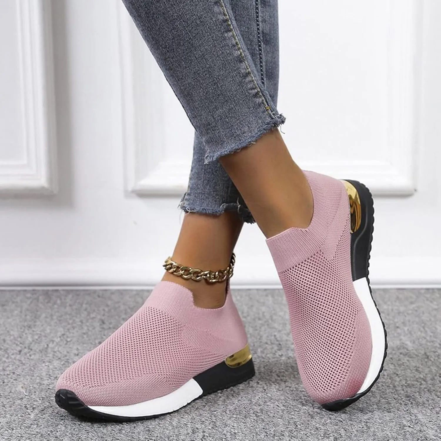 Fashion Summer Women Flat Lightweight Mesh Breathable Elastic Wide Running Shoes