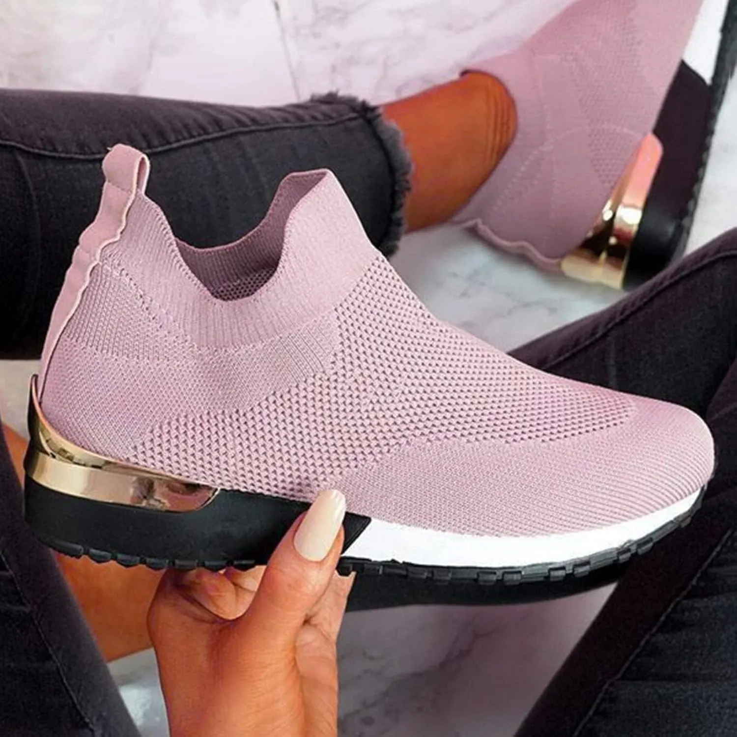 Fashion Summer Women Flat Lightweight Mesh Breathable Elastic Wide Running Shoes