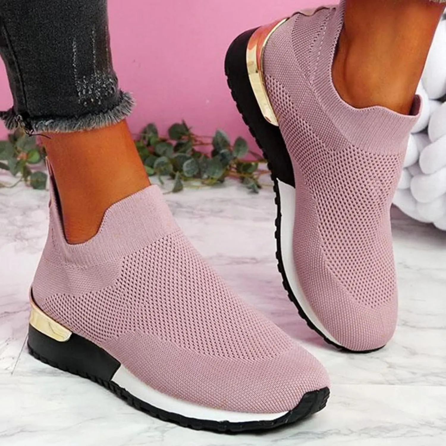 Fashion Summer Women Flat Lightweight Mesh Breathable Elastic Wide Running Shoes