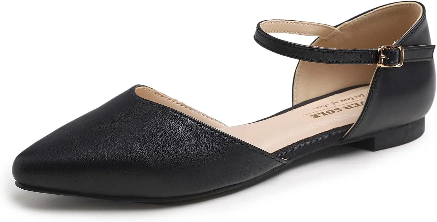 FEVERSOLE Pointed Toe Casual Slingback Flat Mules Women's Fashion Buckle Strap Slide Summer Slippers