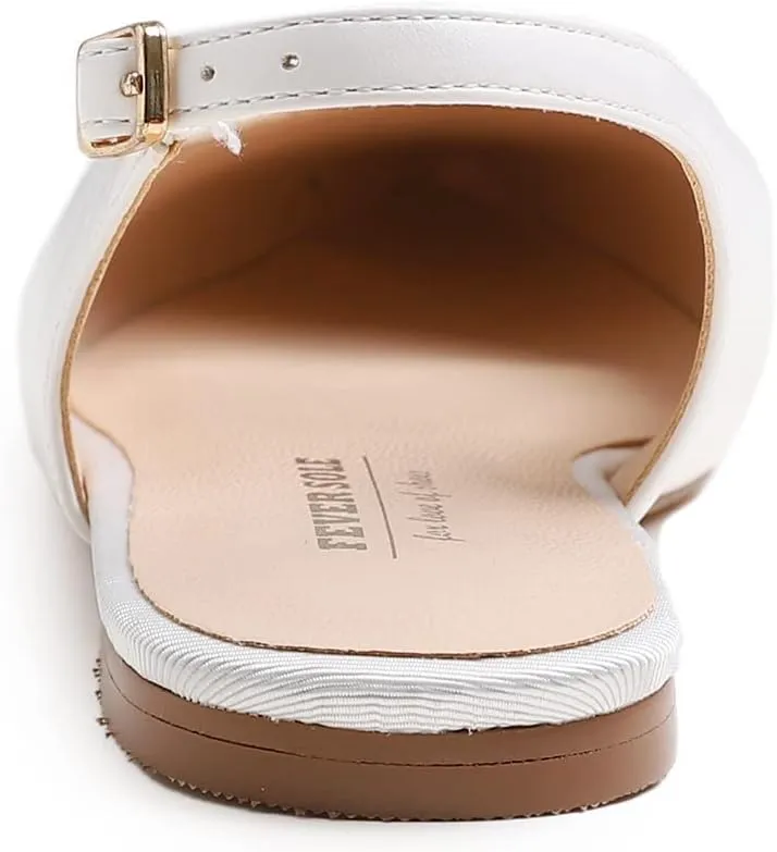 FEVERSOLE Pointed Toe Casual Slingback Flat Mules Women's Fashion Buckle Strap Slide Summer Slippers