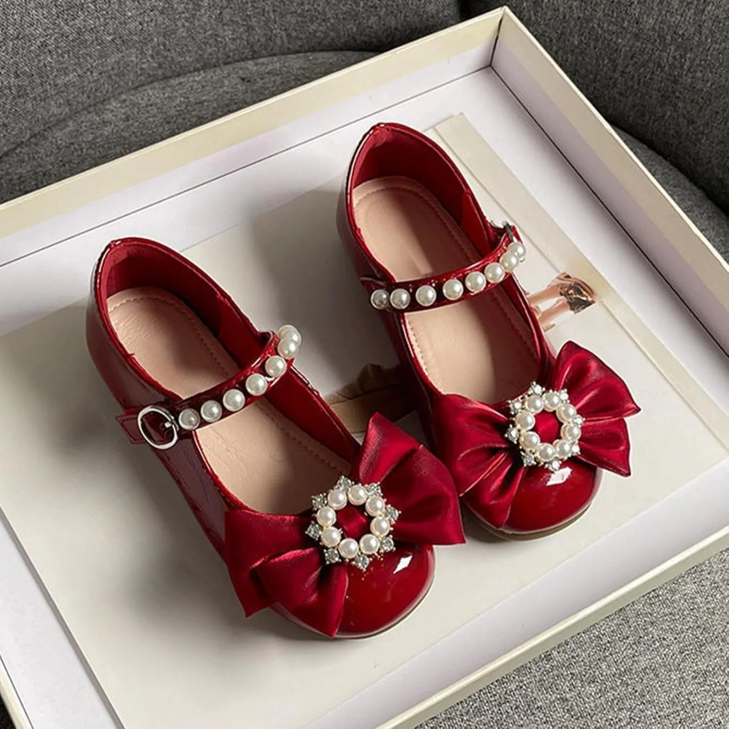Girls Marry Jane Shoes Kids Flat Sole Faux Leather Dance Shoes Baby Pricess Buckle Comfy Bowknot Dress Shoes