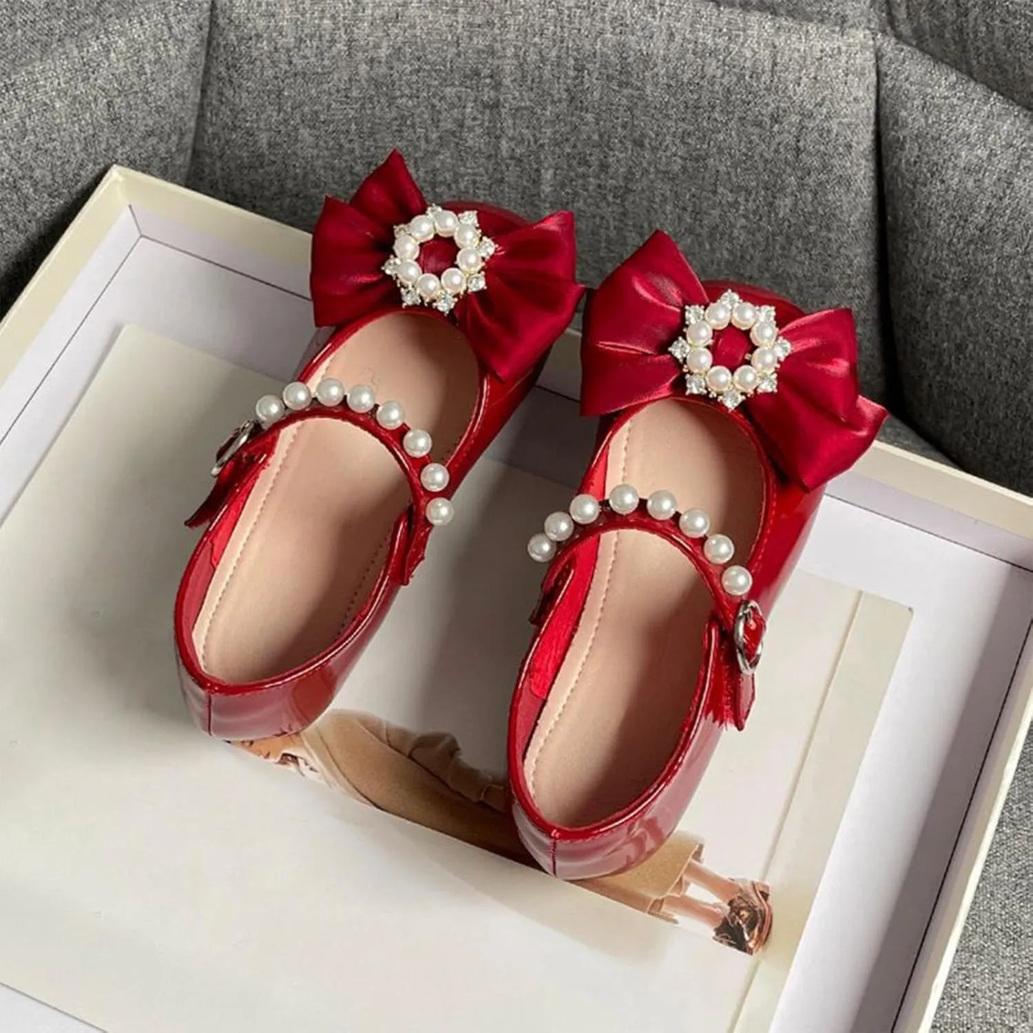 Girls Marry Jane Shoes Kids Flat Sole Faux Leather Dance Shoes Baby Pricess Buckle Comfy Bowknot Dress Shoes