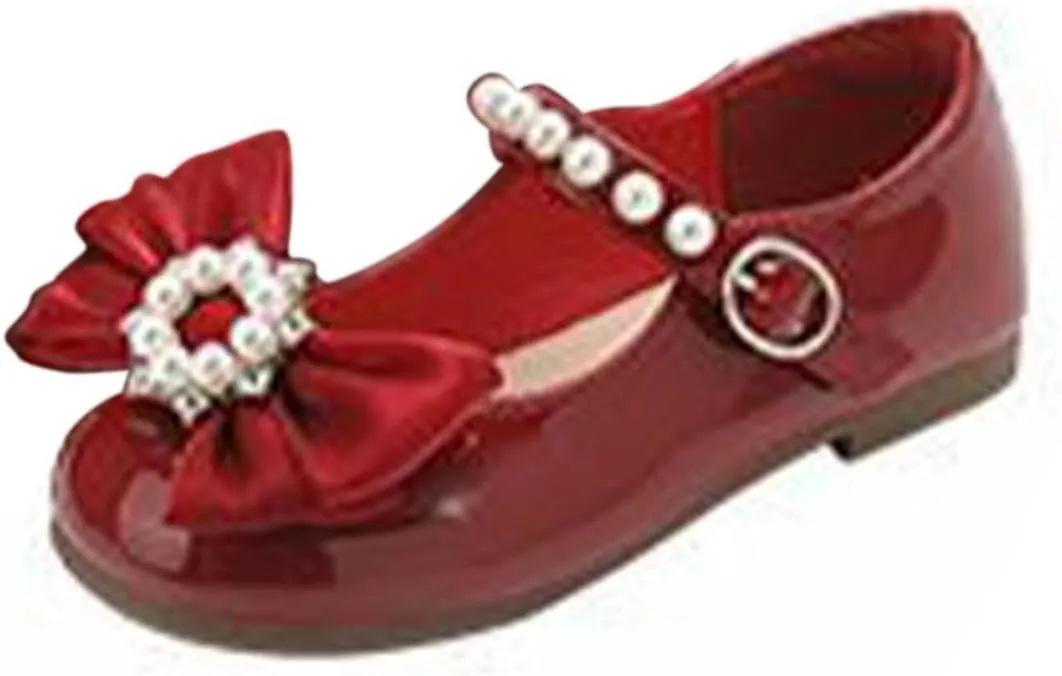 Girls Marry Jane Shoes Kids Flat Sole Faux Leather Dance Shoes Baby Pricess Buckle Comfy Bowknot Dress Shoes