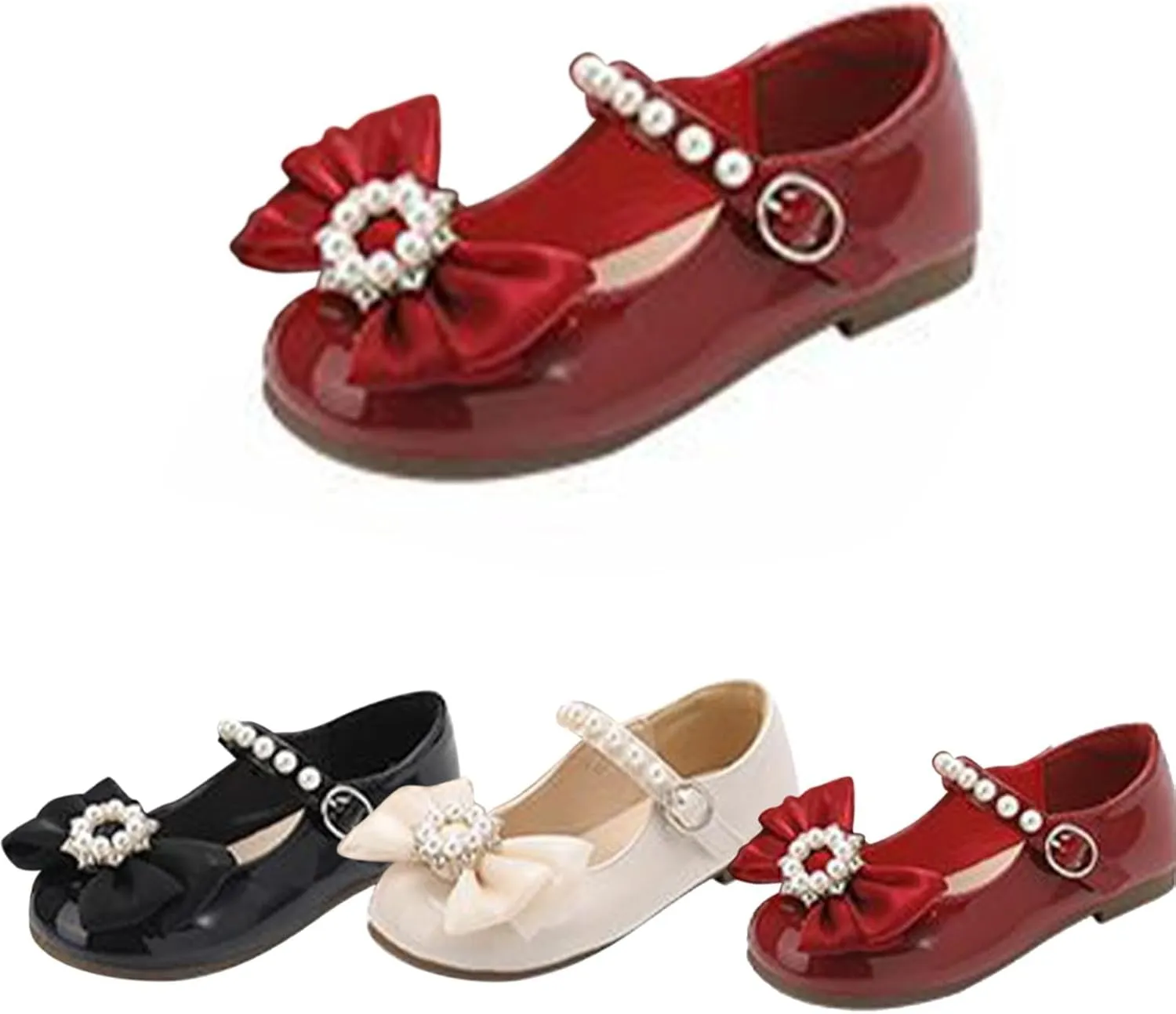 Girls Marry Jane Shoes Kids Flat Sole Faux Leather Dance Shoes Baby Pricess Buckle Comfy Bowknot Dress Shoes