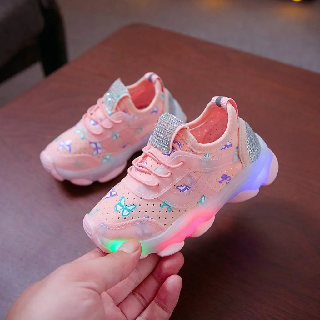 Girls Trainers, Children Kid Baby Girls Butterfly Crystal Led Luminous Sport Run Sneakers Shoes