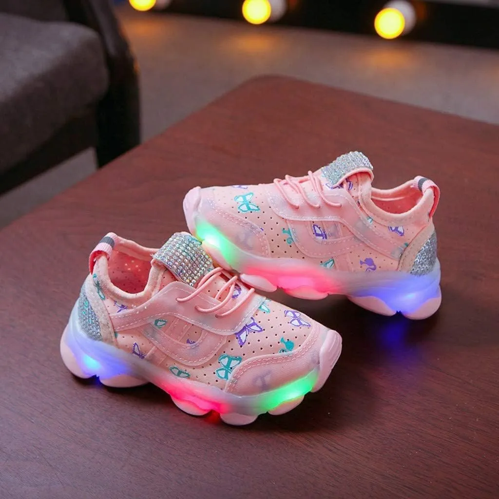 Girls Trainers, Children Kid Baby Girls Butterfly Crystal Led Luminous Sport Run Sneakers Shoes