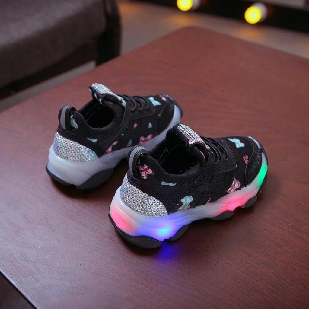 Girls Trainers, Children Kid Baby Girls Butterfly Crystal Led Luminous Sport Run Sneakers Shoes