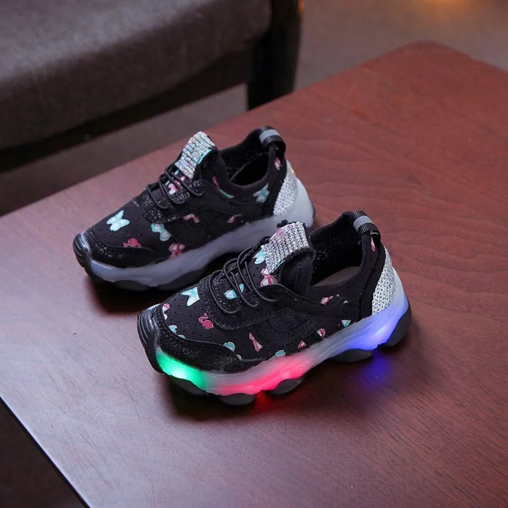 Girls Trainers, Children Kid Baby Girls Butterfly Crystal Led Luminous Sport Run Sneakers Shoes