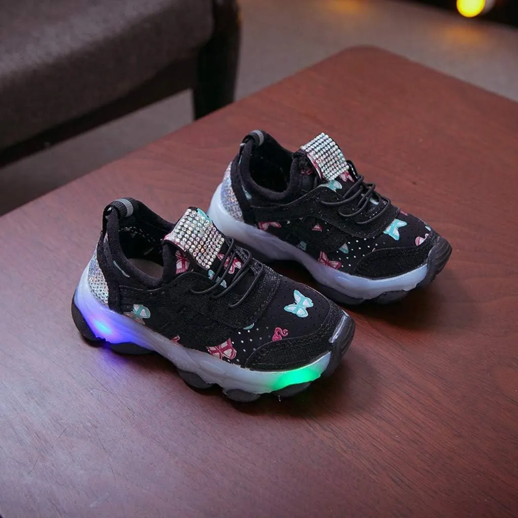 Girls Trainers, Children Kid Baby Girls Butterfly Crystal Led Luminous Sport Run Sneakers Shoes