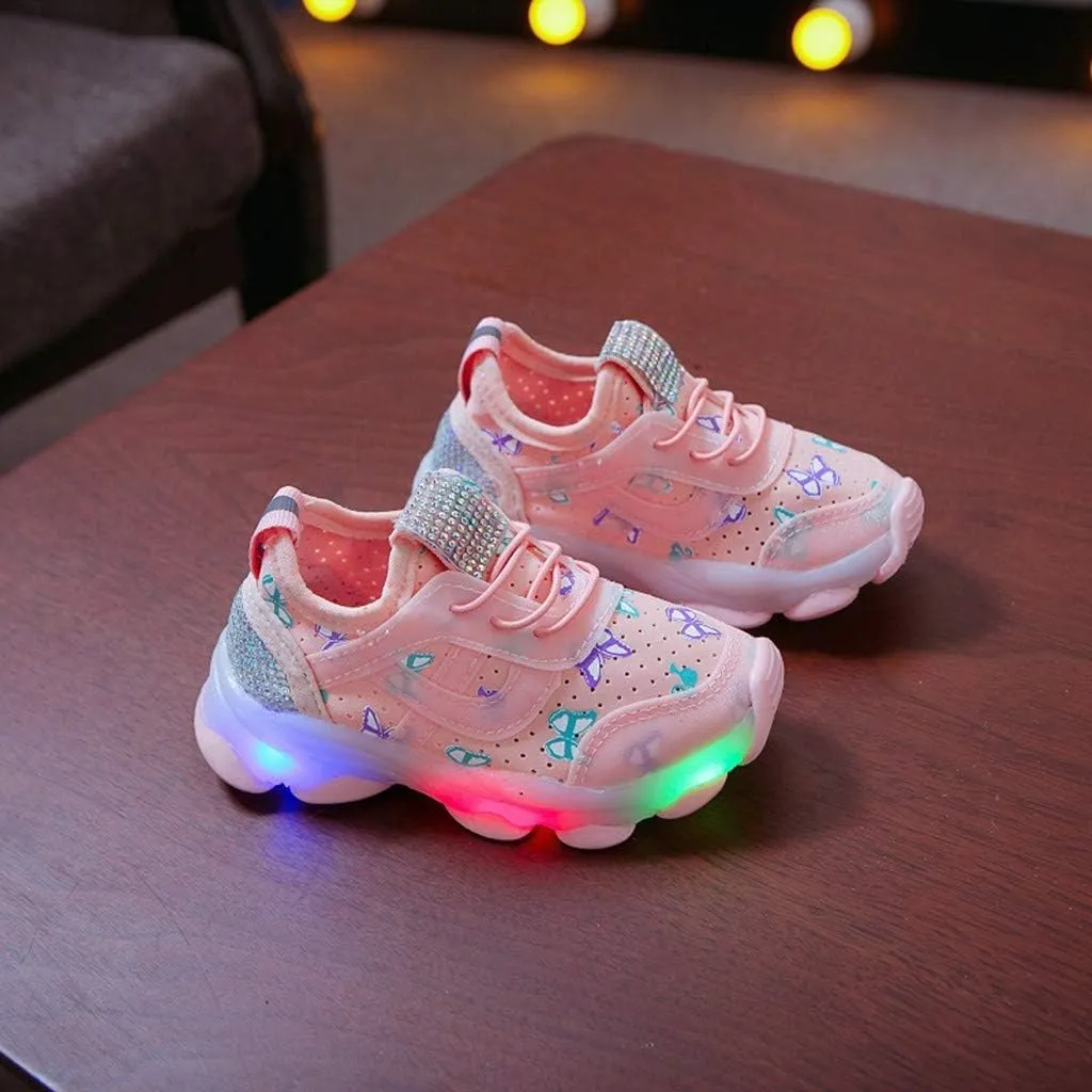 Girls Trainers, Children Kid Baby Girls Butterfly Crystal Led Luminous Sport Run Sneakers Shoes