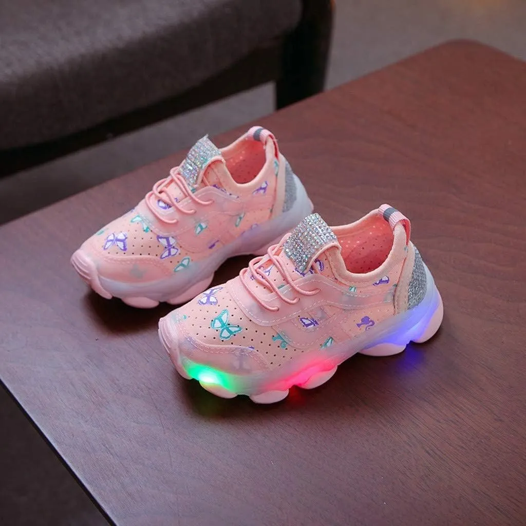 Girls Trainers, Children Kid Baby Girls Butterfly Crystal Led Luminous Sport Run Sneakers Shoes
