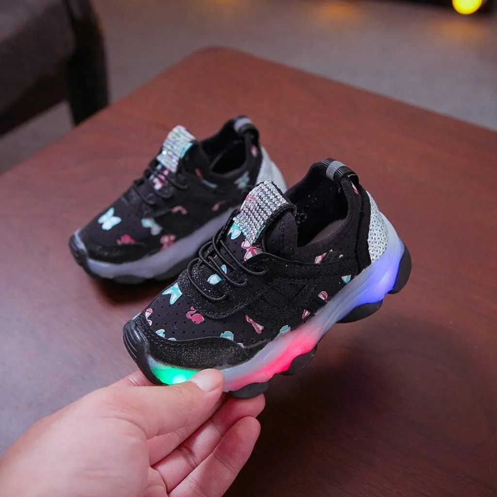 Girls Trainers, Children Kid Baby Girls Butterfly Crystal Led Luminous Sport Run Sneakers Shoes