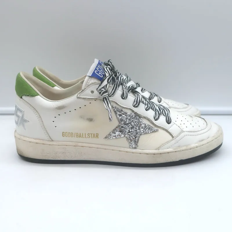 Golden Goose Ball Star Glitter Star Sneakers White & Green Leather Size 38
