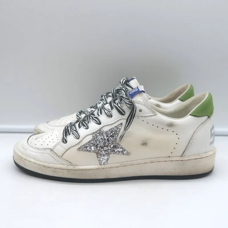 Golden Goose Ball Star Glitter Star Sneakers White & Green Leather Size 38