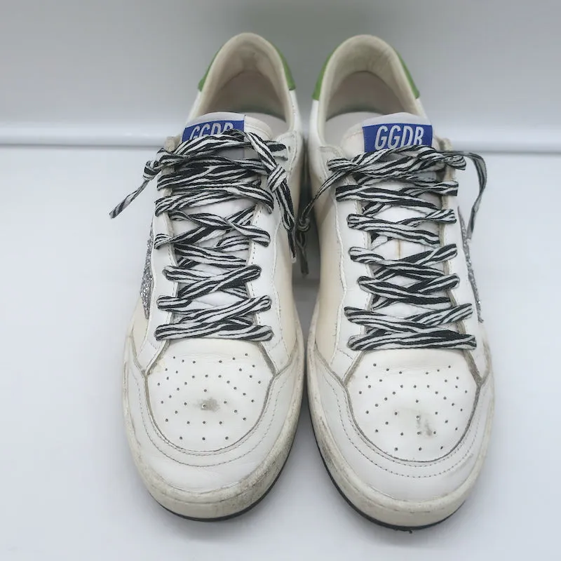 Golden Goose Ball Star Glitter Star Sneakers White & Green Leather Size 38