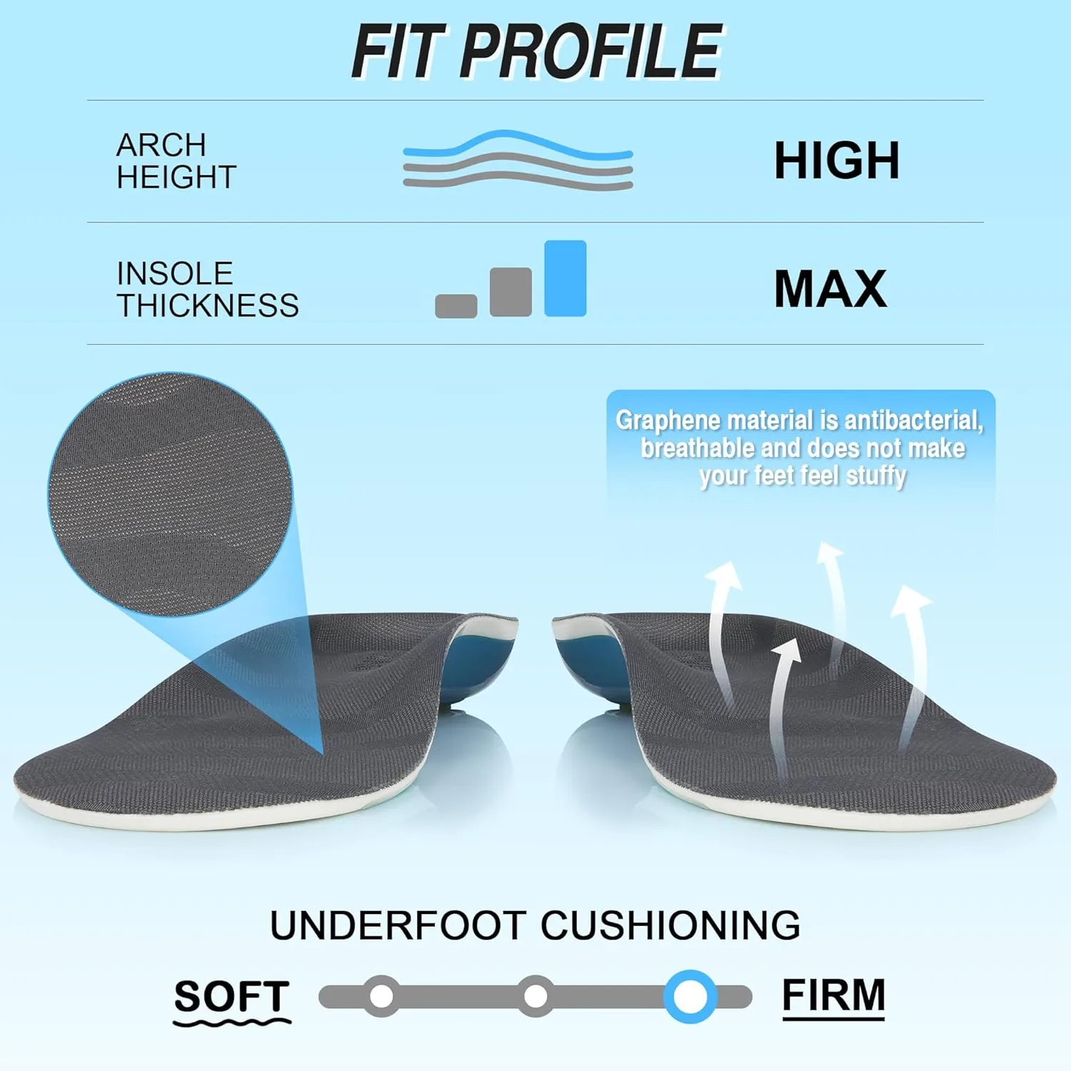 Graphene Plantar Fasciitis Relief Shoe Insoles All-Purpose 220  lbs Support High Arch Insoles Supports Orthotic Shoe Inserts Grade Flat Feet,Shock Absorption Inserts Running Insoles