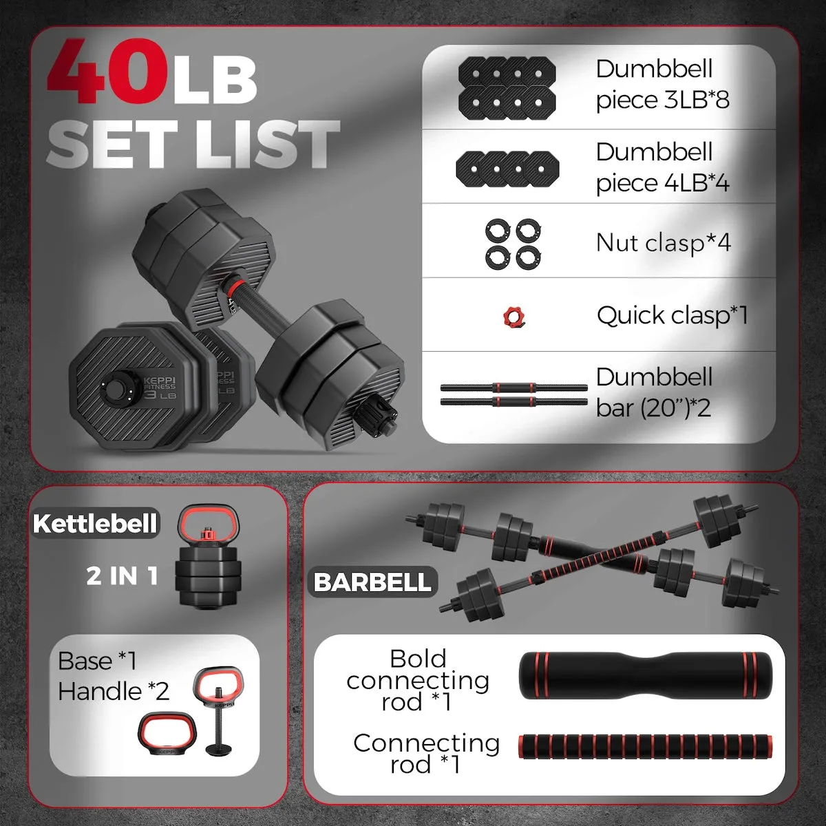 KeppiFitness Adjustable Dumbbell Set, 30/50/70/90 lb Free Weight Set