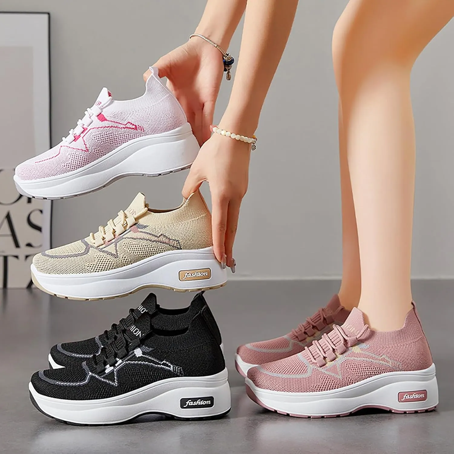 Ladies Fashion Solid Color Mesh Breathable Round Toe Low Top Flat Lifestyle Shoes