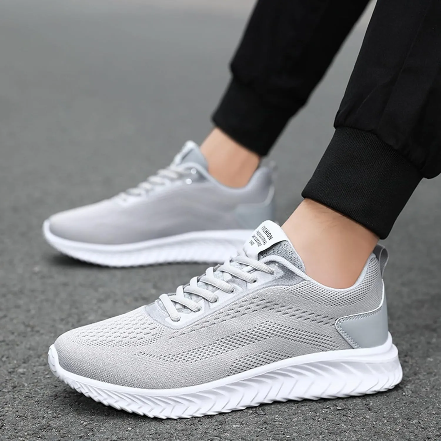 Mens Arch Support Running Shoes Long Walking Fashion Sneakers Lace Up Casual Comfortable Soft Sole Work Tennis Sport Athletic Trainers Shoes with Breathable Mesh Black Footwear