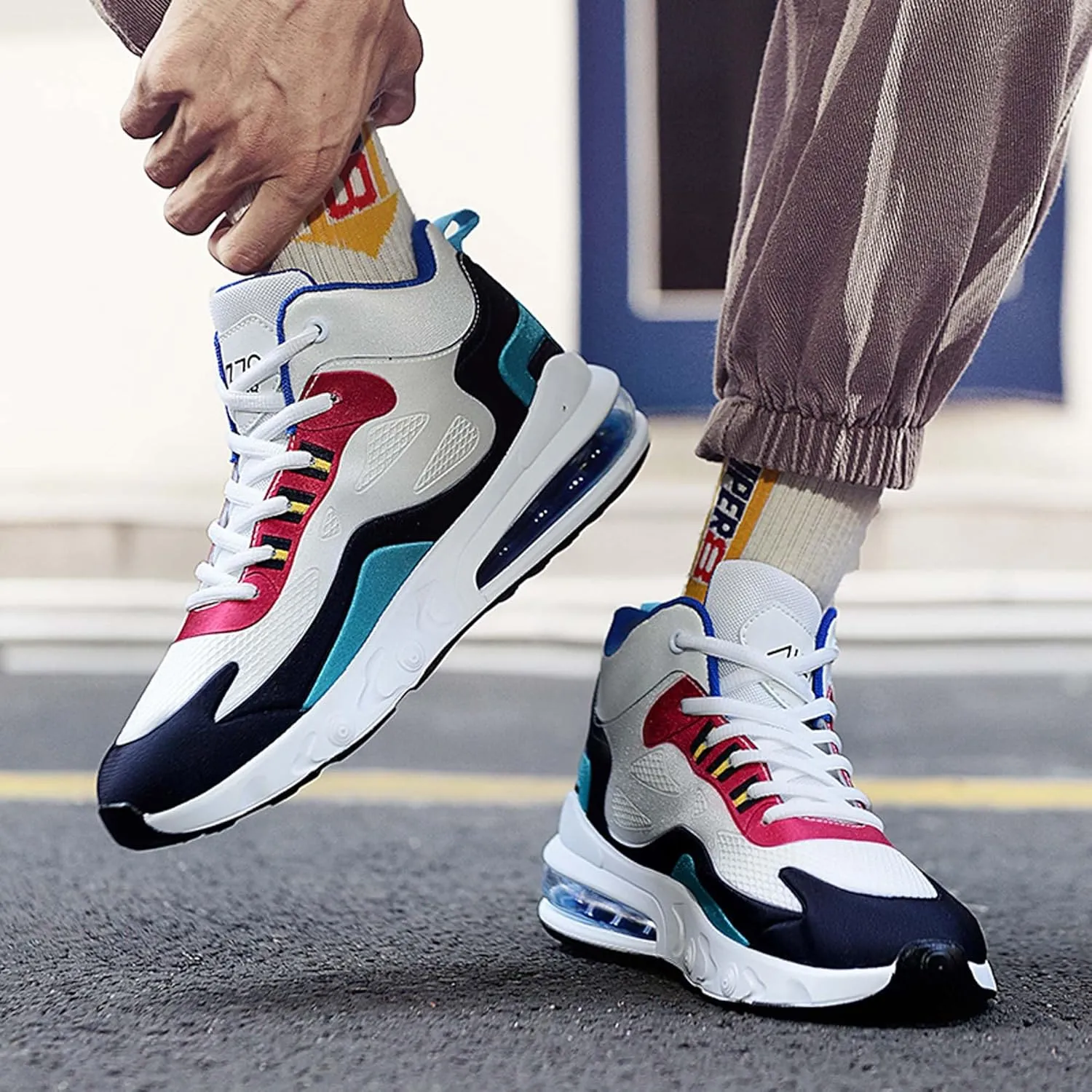 Men's High Top Sneakers Outdoor Comfortable Air Cushion Running Shoes Non-Slip Walking Trainers Fashion Basketball Sneakers