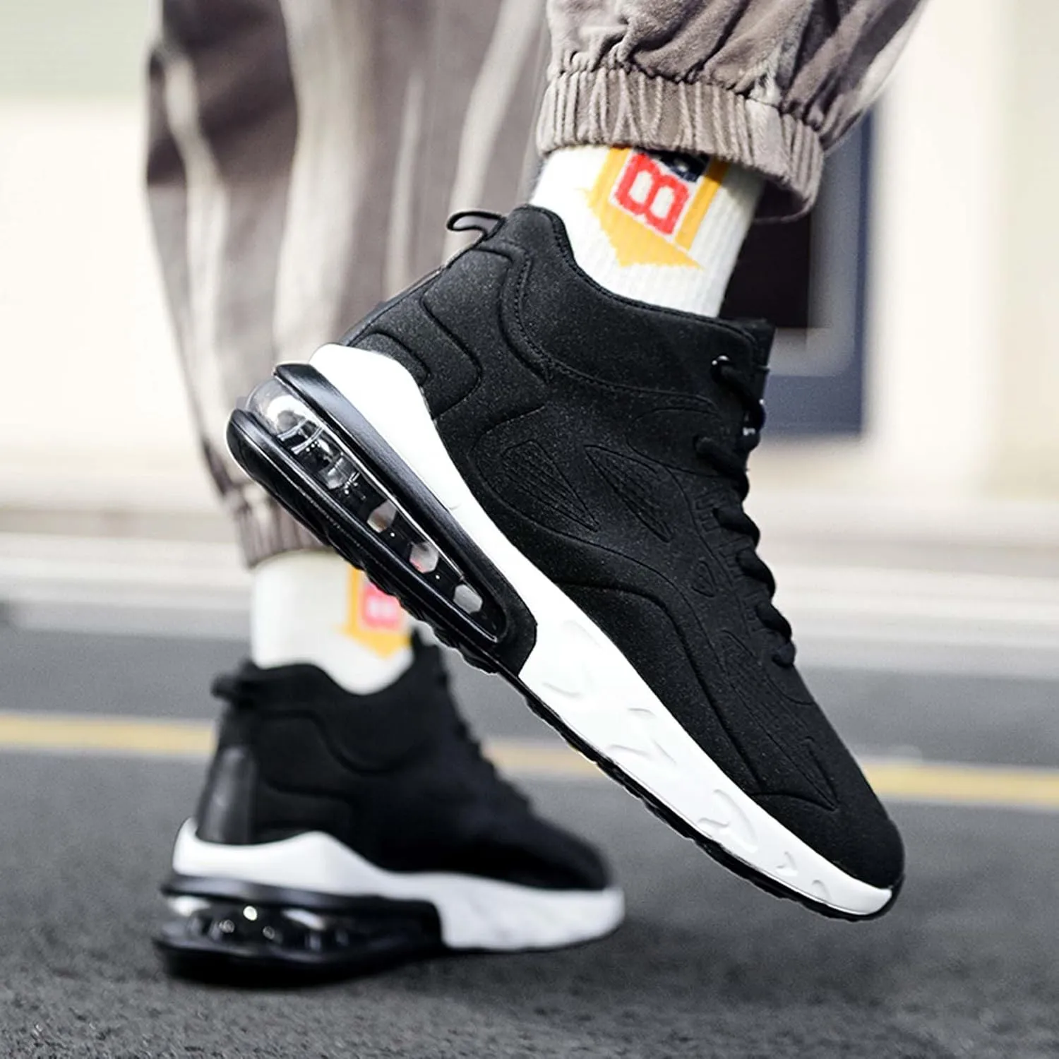 Men's High Top Sneakers Outdoor Comfortable Air Cushion Running Shoes Non-Slip Walking Trainers Fashion Basketball Sneakers