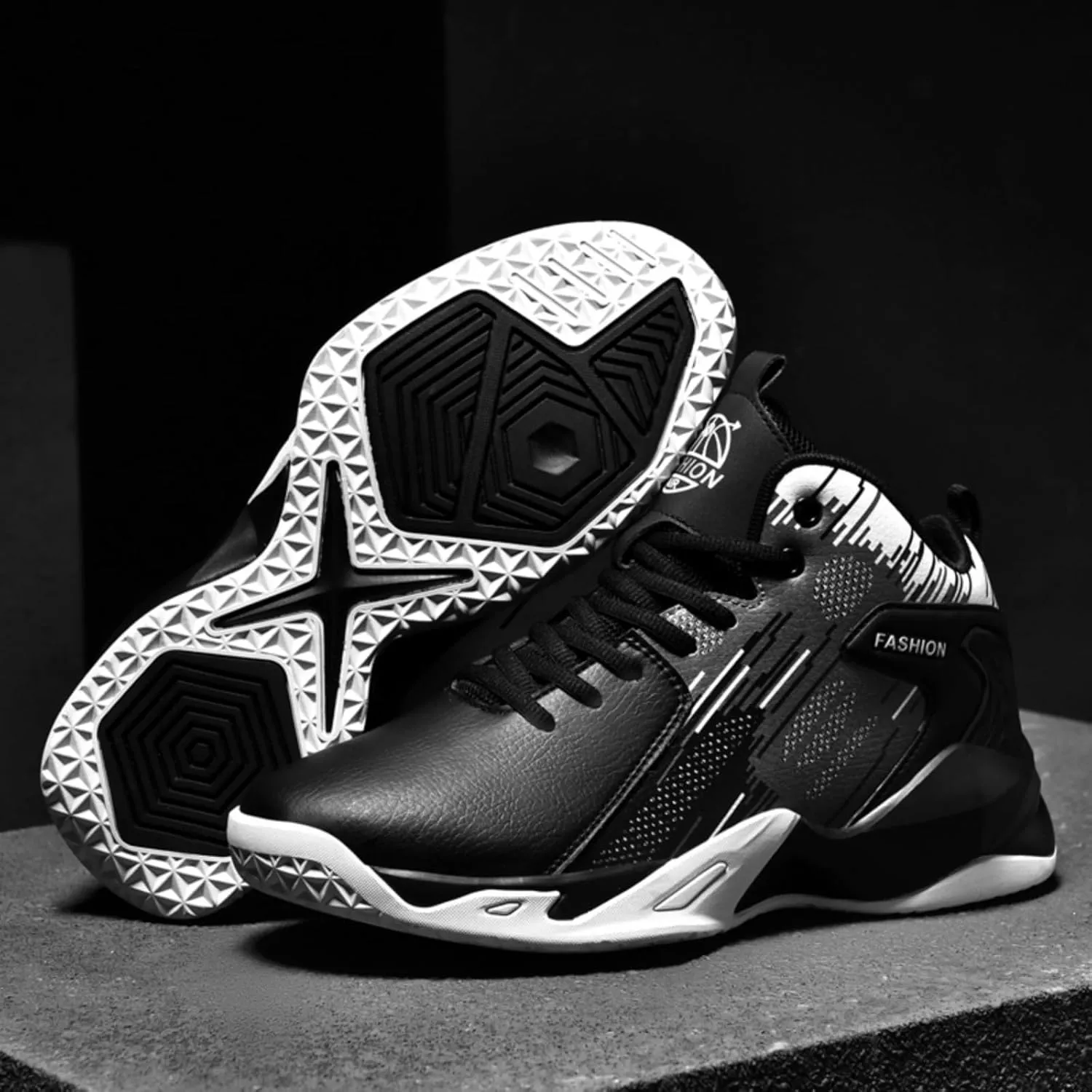 Men's Lace Up Breathable Leather Cushioning Basketball Shoes Fashion High-Top Non-Slip Sneakers Casual for Gym Sports Tennis Jogging Running Walking