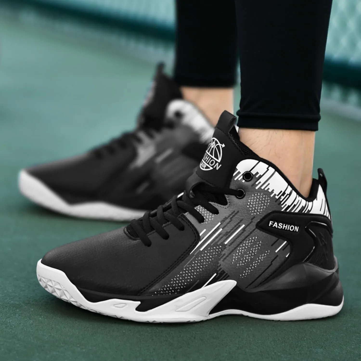 Men's Lace Up Breathable Leather Cushioning Basketball Shoes Fashion High-Top Non-Slip Sneakers Casual for Gym Sports Tennis Jogging Running Walking