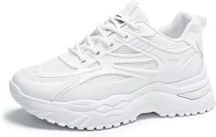 Mesh Athletic Sneakers, White Chunky Platform Running Shoes, Breathable Comfort Training Shoes