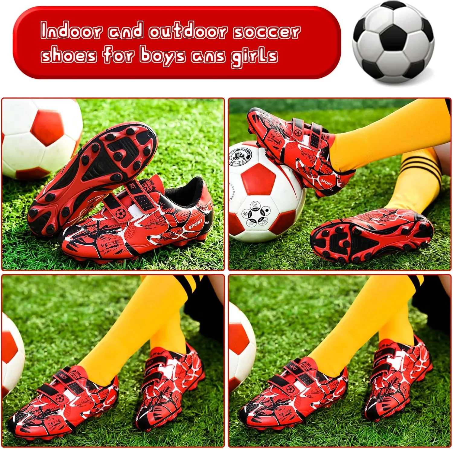 Mnplciea Kids Soccer Cleats Boys Girls Athletic Football Shoes Outdoor Anti-Slip Firm Ground Soccer Shoes